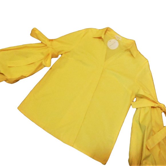 Button-down Shirt Blouse Cotton puffed sleevetop careerwear Yellow NWT Medium - Picture 1 of 10